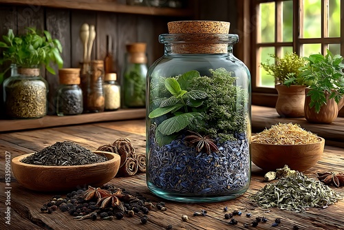 Preserved green herbs in tea jar high resolution image