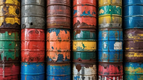 Stacked Rusty Oil Drums with Weathered Paint in Vibrant Colors