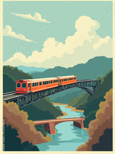 Chattanooga, Tennessee — Incline Railway, Tennessee Aquarium, Walnut Street Bridge in rail brown, aquarium teal, bridge red, and ivory