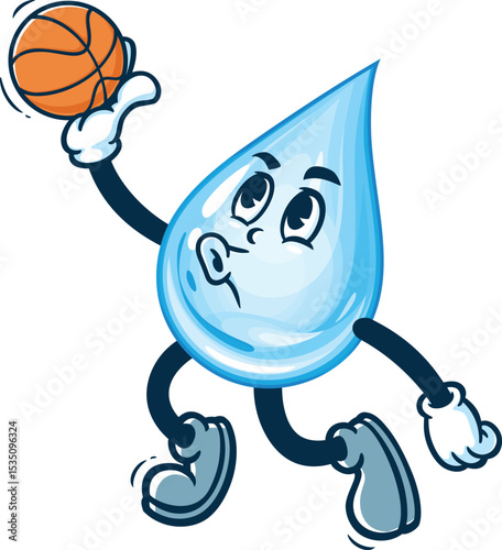Cartoon water drop character playing slam dunk basketball