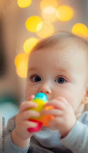 Baby holding colorful plastic toy in mouth unseen toxicity concept warm bokeh