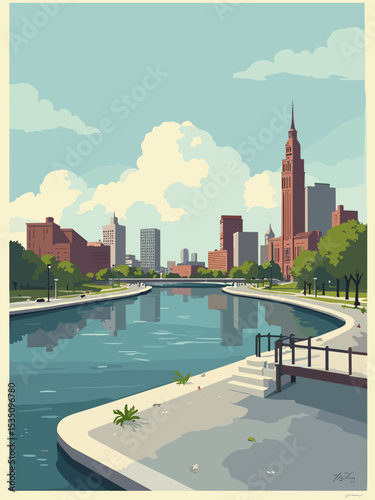 Buffalo, New York — Niagara Square, Canalside, City Hall in canal blue, skyline grey, heritage brown, and cream