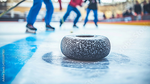 Close-Up of Curling Stone on Ice Rink with Blurred Players in Background during Competition