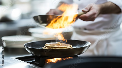 Chef Flipping Pancakes with Flames in a Modern Kitchen for Culinary Showcase and Cooking Demonstration