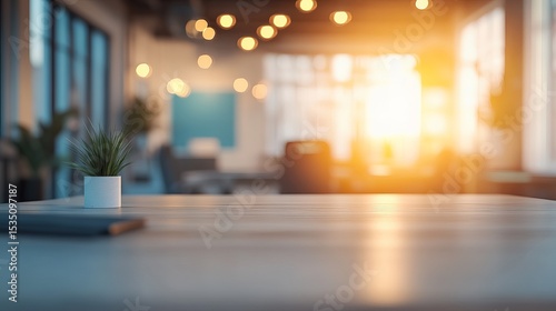 Cozy Modern Workspace with Decorative Plant and Warm Ambient Light from Sunset