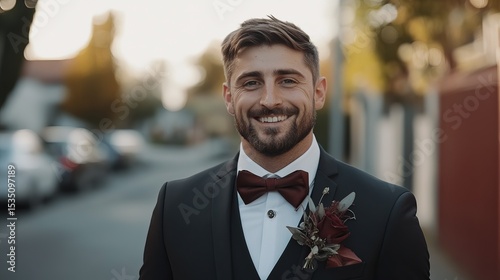 Handsome Groom in Formal Attire Smiling on a Quiet Street During a Sunny Day