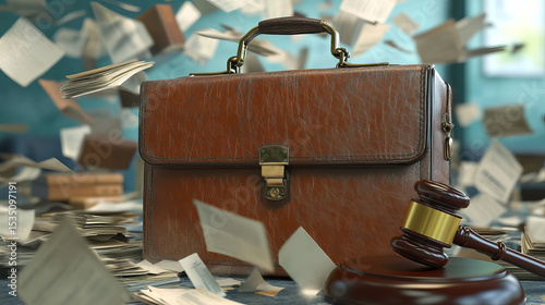 Legal Briefcase Surrounded by Flying Papers and Gavel Symbolizing Justice and Law Practice
