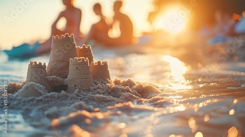 Beautiful Beach Sunset with Sandcastle and Silhouettes of People in the Background