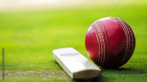 Close-Up of Red Cricket Ball and Wooden Bat on Green Grass Field during Sunny Day