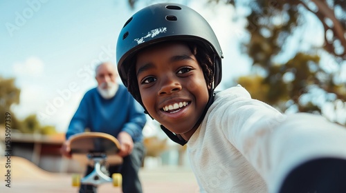 Young Boy Enjoying Skateboarding with Grandfather at Outdoor Skate Park in Bright Daylight