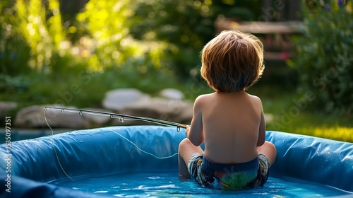 Young Child Fishing in a Backyard Pool Surrounded by Lush Greenery and Natural Light