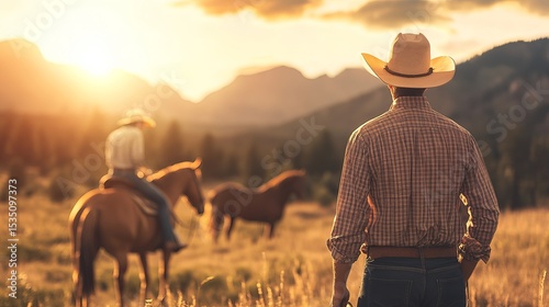 Cowboy and Cowgirl Surrounded by Horses at Sunset in a Mountainous Landscape