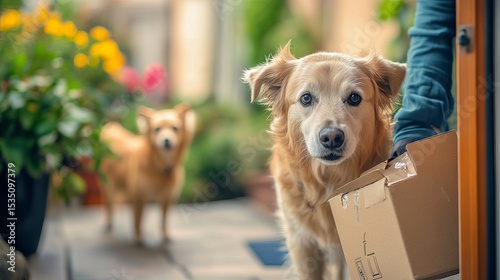 Golden retriever with cardboard box at home with another dog in the background in sunny garden