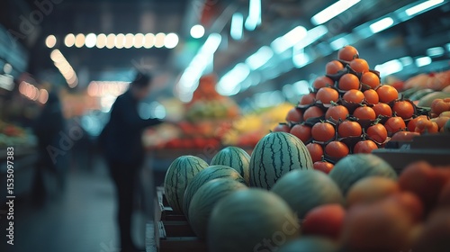 Fresh Produce Display in Market with Watermelons and Oranges in Vibrant Local Setting