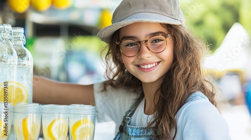 Smiling Girl with Glasses and Cap Serving Lemonade at Summer Stand