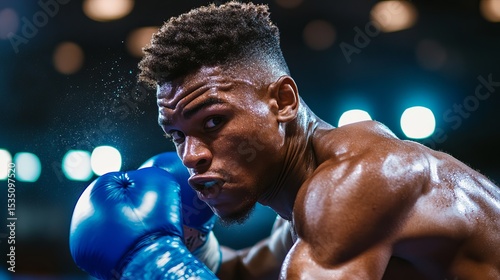 Intense Close-Up of Boxer in Ring with Gloves Holding Defensive Stance Against Challenging Opponent