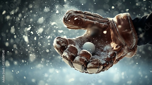 Snowy Scene with Sports Glove Holding a Small White Ball in Winter Atmosphere