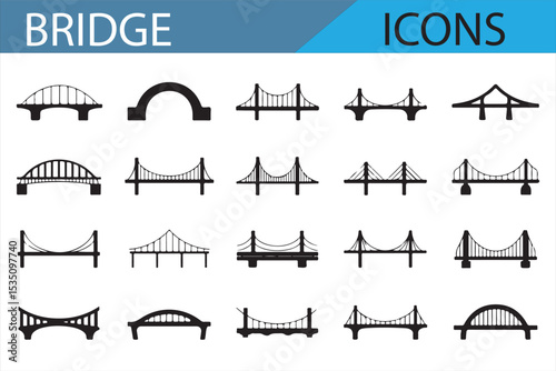 Bridge vector icons representing various structural designs for infrastructure and city planning