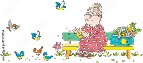 Funny granny sitting on a bench after shopping and feeding with bread crumbs small birds flying in a park, vector cartoon illustration on a white background