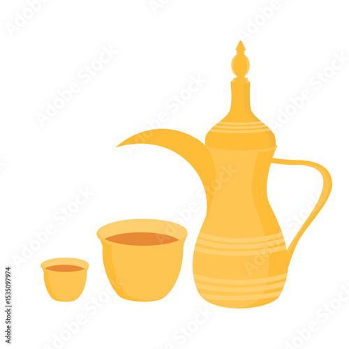 Gold Arabic Coffee Pot with Traditional Cup, Ideal for Ramadan, Eid, Middle Eastern Culture, Hospitality and Beverage Themed Designs