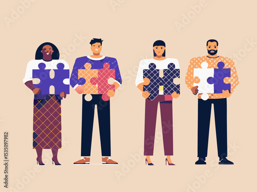 Diverse Team Holding Puzzle Pieces Together Illustrating Collaboration Problem Solving and Unity in a Modern Workplace Setting Flat Vector Style