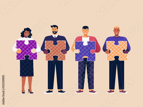 Diverse Team Holding Puzzle Pieces Representing Collaboration and Problem Solving in Business and Community Partnerships for Success