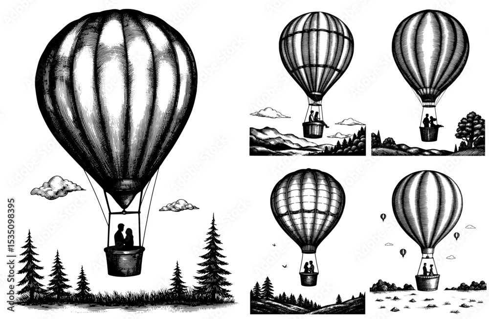 Obraz premium Silhouettes of couples in love on hot air balloons in black and white