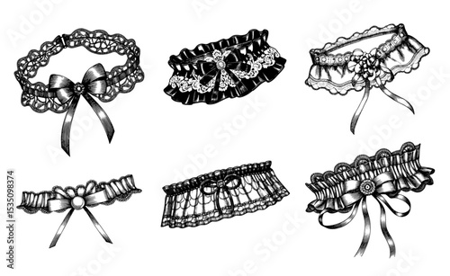 Vintage garter belt illustrations in black and white for fashion design and lingerie concepts
