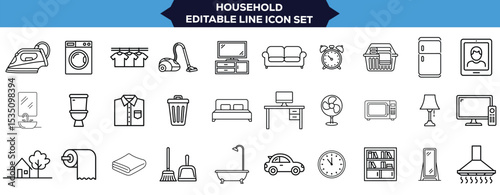 Household Appliance Line Icon Set Editable Linear Vector Icons Featuring Air Conditioner, Washing Machine, Blender, Fan, TV, Laptop, Vacuum, Lamp, Microwave, Fridge, and More for Home Device