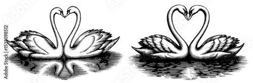 Two swans forming a heart, romantic woodcut style,