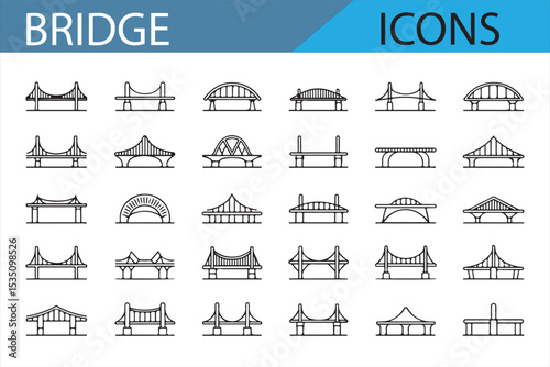 Bridge design icons featuring modern and traditional bridge styles for use in urban planning and engineering