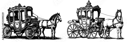 Ornate horse-drawn carriages, antique engraving style, in black and white