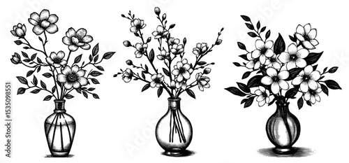 vintage floral arrangements in vases, black and white line art