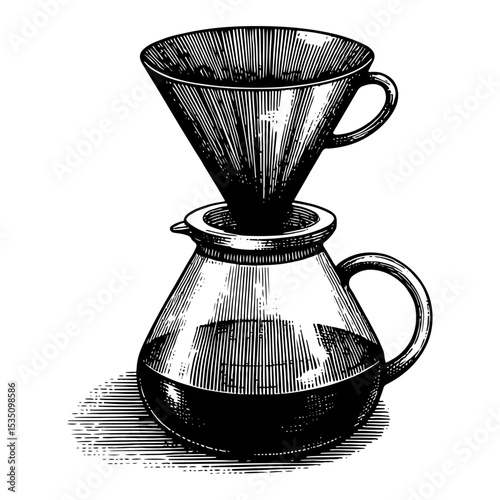 Illustration of a pour-over coffee maker in black and white