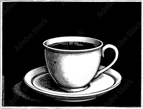 Vintage wood-engraving of a full coffee cup on a saucer in black and white, for cafes and menus, against a black background.