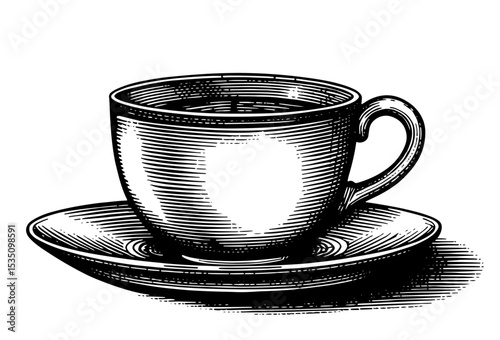 Woodcut illustration of a teacup and saucer in black and white, for high tea or cafes