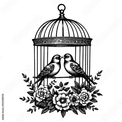 Two birds in an ornate cage with flowers