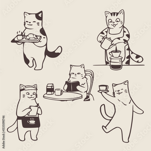 Seamless pattern with doodle cats among stars. Continuous one line kittens. Feline in different poses. Animals sit, lay,relax. Childish monochrome print,wrapping paper. Modern drawing with domestic pe