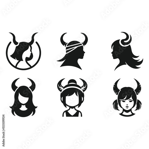 Silhouettes of girl with horn head band vector on a white background. Cute devil logo