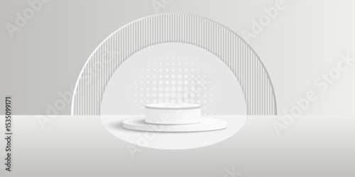 Abstract white background with cylindrical podium for displaying products, 3D white and grey cylindrical pedestal with curved background and cave wall, Vector illustration