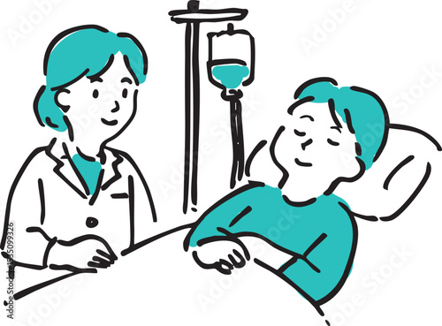 Patient resting in hospital bed with IV drip and nurse nearby – medical care illustration