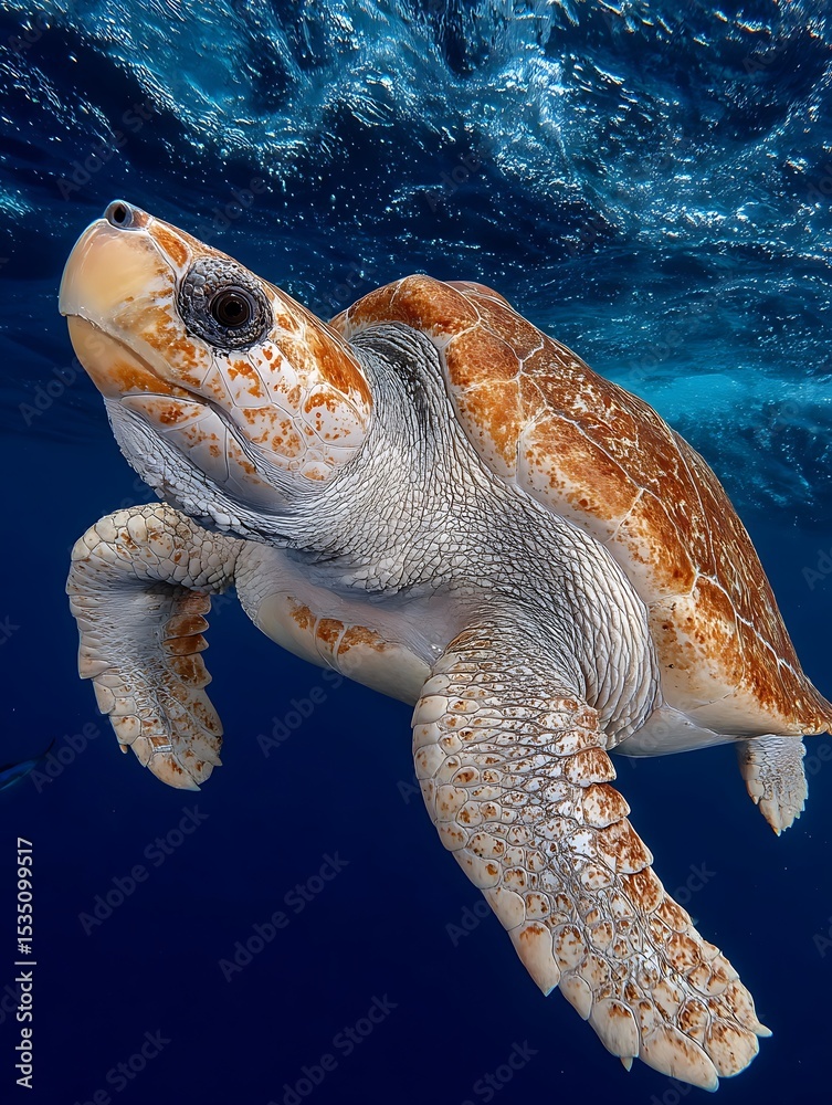 Obraz premium the image shows a marine reptile swimming in the ocean. the animal has a tan colored shell and light underside, and its flippers are scaly and robust