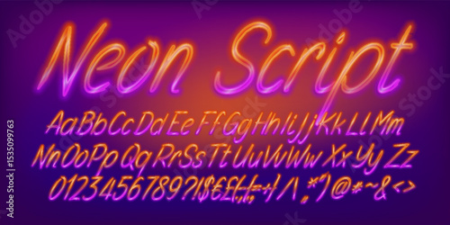 Neon Script alphabet font. Bright neon script letters, numbers and symbols. Stock vector typescript for your design.
