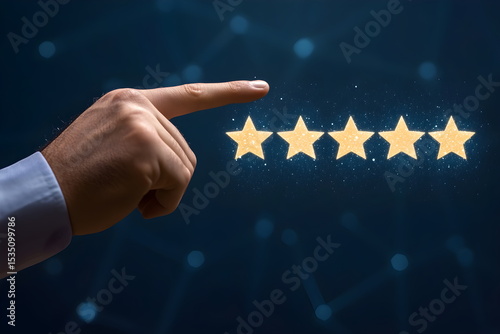 A businessman's hand points to five stars, symbolizing a positive customer review and experience, set against a dark blue background, ideal for showcasing satisfaction in a bold, professional design.