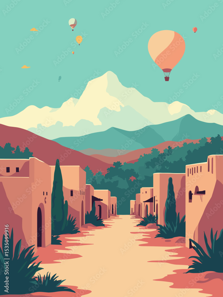 Naklejka premium Albuquerque, New Mexico — Sandia Peak Tramway, Balloon Fiesta silhouette, Old Town Plaza in adobe, fiesta pink, turquoise, and sandstone