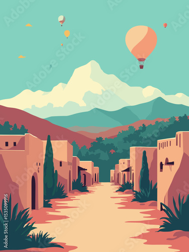 Albuquerque, New Mexico — Sandia Peak Tramway, Balloon Fiesta silhouette, Old Town Plaza in adobe, fiesta pink, turquoise, and sandstone