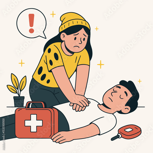 Flat Style Illustration of a Female Emergency Responder Giving CPR to Unconscious Man with Heartbeat Icon vector illustration