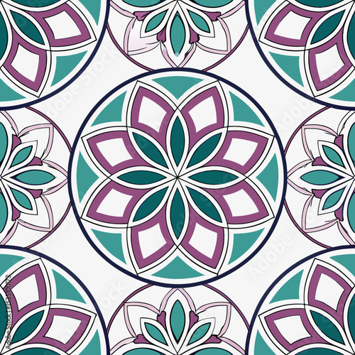 Geometric mandala seamless vector pattern with symmetrical flowers in turquoise and purple  