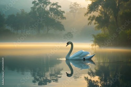 A white swan swims on the lake early in the morning.