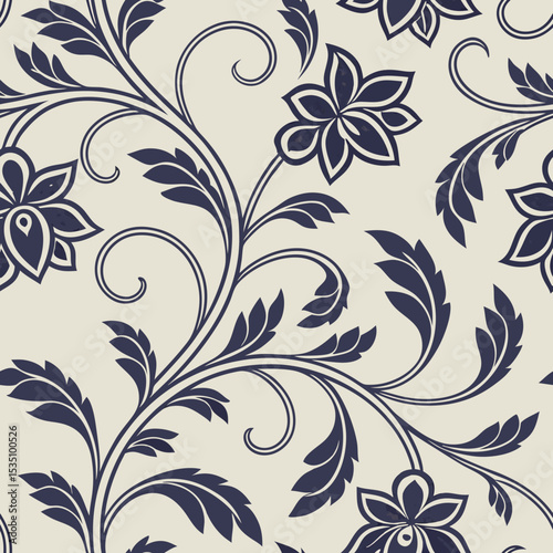 Floral seamless vector pattern with navy blue flowers on cream background  